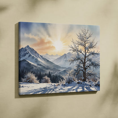 Canvas wall art of a serene watercolor snow landscape with mountains, frosted trees, and soft sunlight.