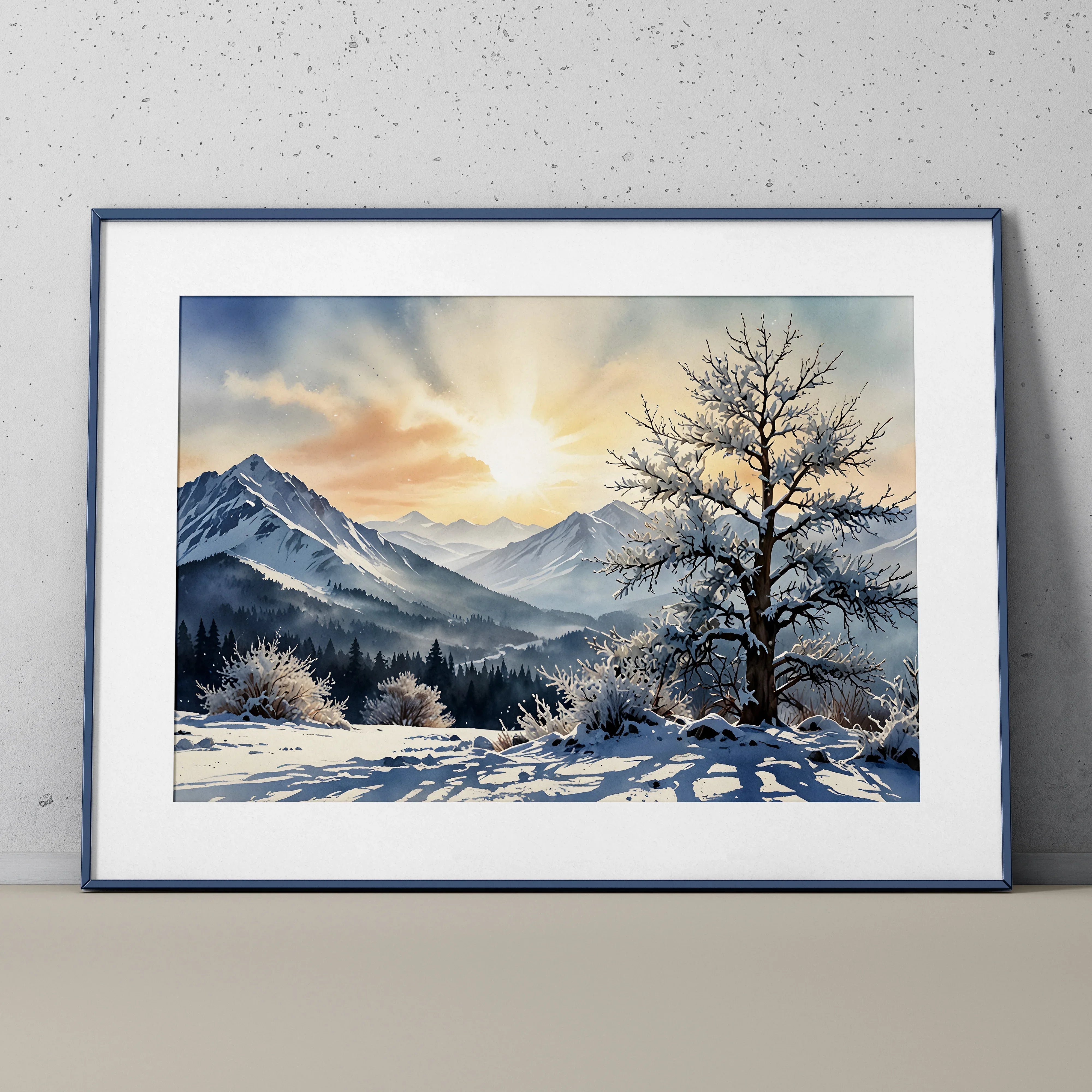 Watercolor poster of snowy mountain landscape with sunset and bare tree wall art.