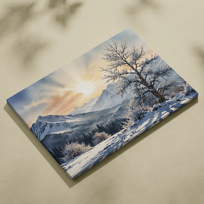 Watercolor snow landscape canvas wall art featuring a winter sunlit mountain scene with bare trees.