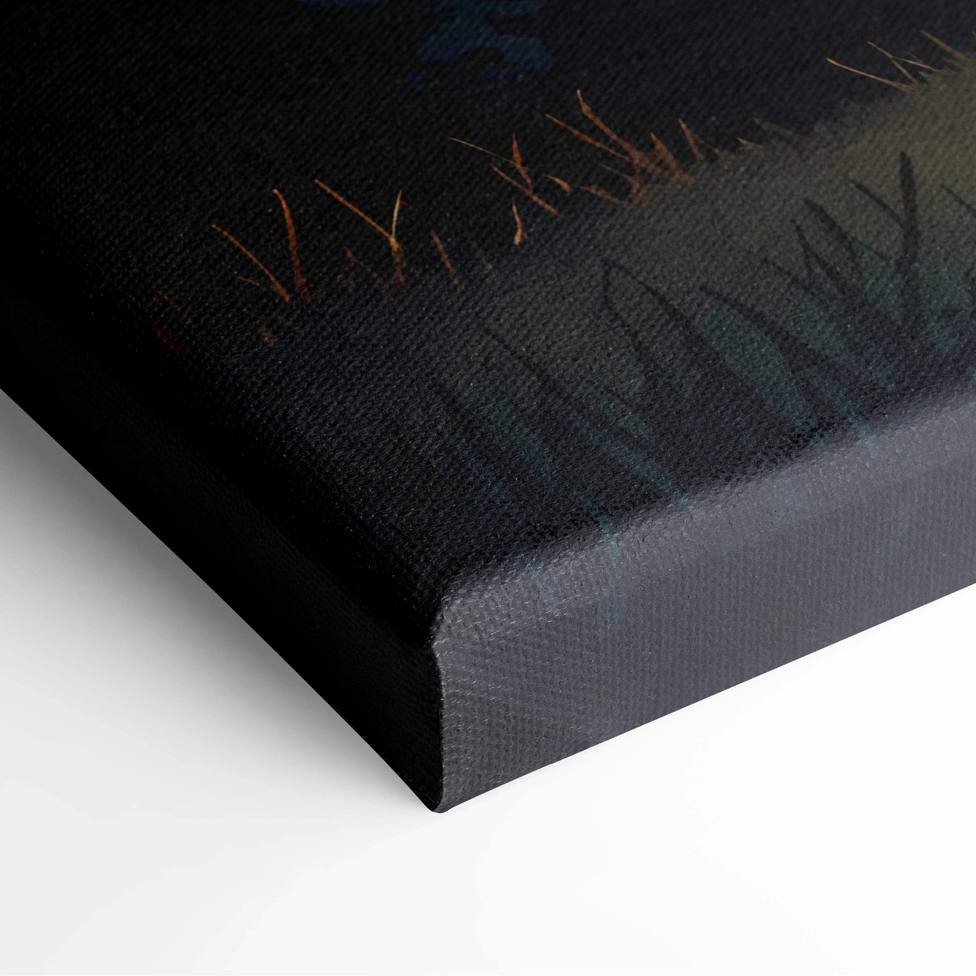 Black canvas print with textured surface and subtle golden grass details in cosmic night sky landscape design