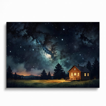 Watercolor night sky poster featuring stars and Milky Way over lit cabin and pine trees wall art.