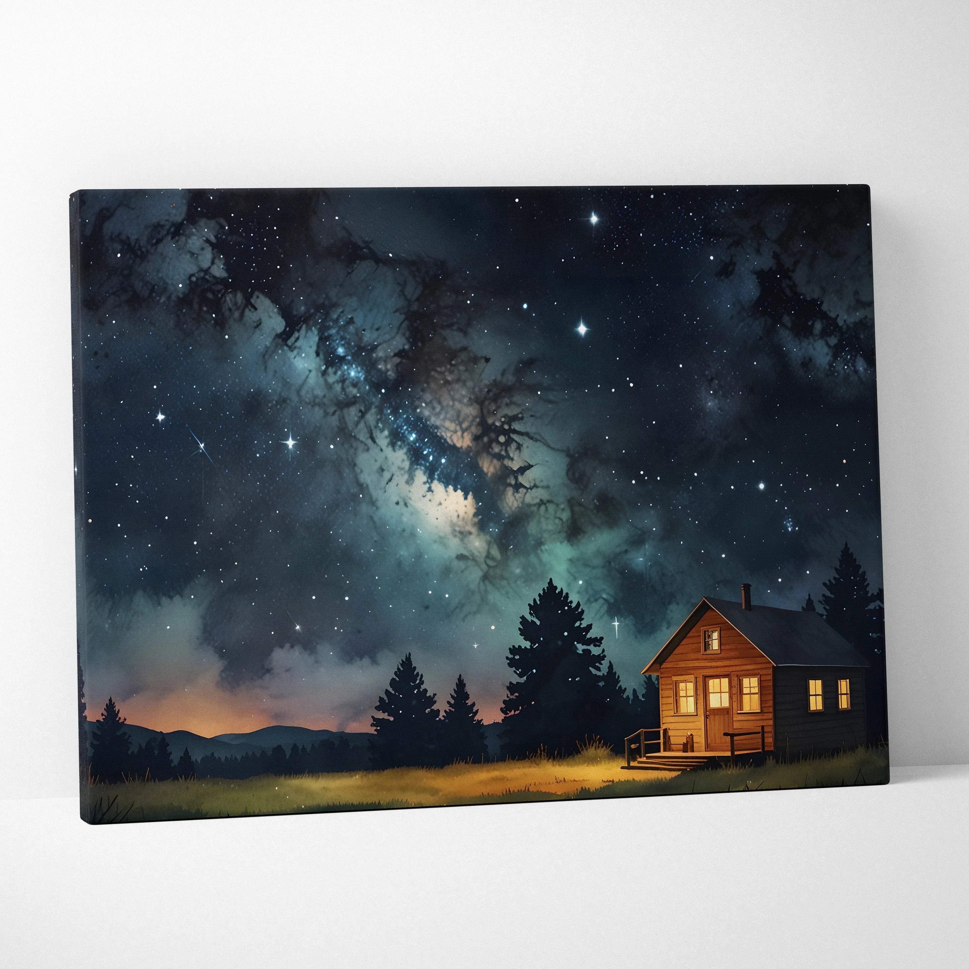 Cosmic night sky canvas wall art featuring a cozy wooden cabin with warm glowing windows under deep blue stars