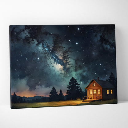 Night sky canvas wall art featuring twinkling stars and a glowing cabin by dark trees.