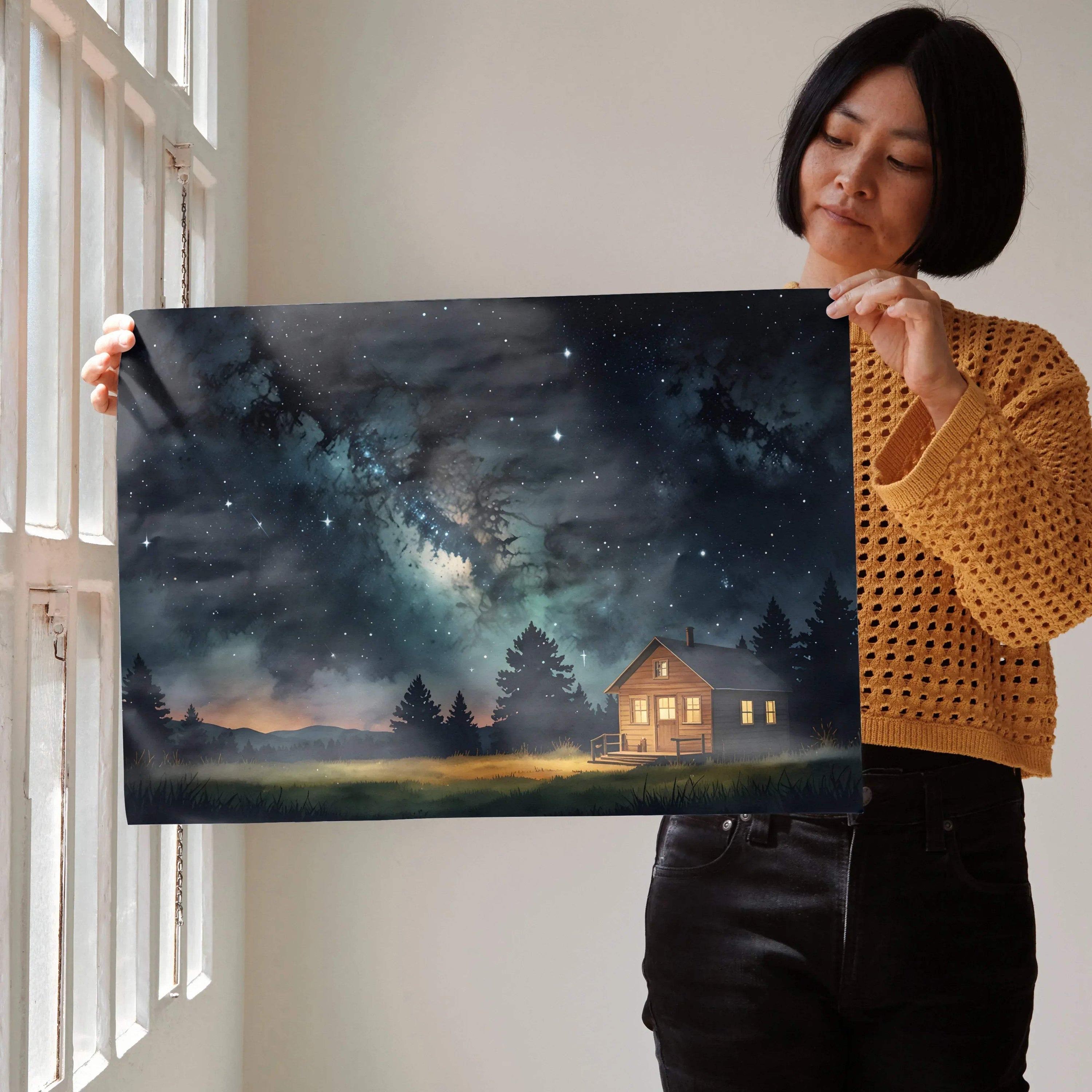 Enchanted watercolor night sky poster with glowing house and starry forest wall art.