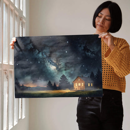 Enchanted watercolor night sky poster with glowing house and starry forest wall art.