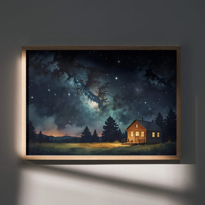 Watercolor night sky art poster with glowing cabin and silhouetted trees, serene nature wall art.