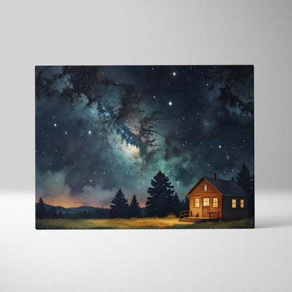 Canvas wall art featuring a glowing night sky with twinkling stars above a lit cabin in a dark landscape.