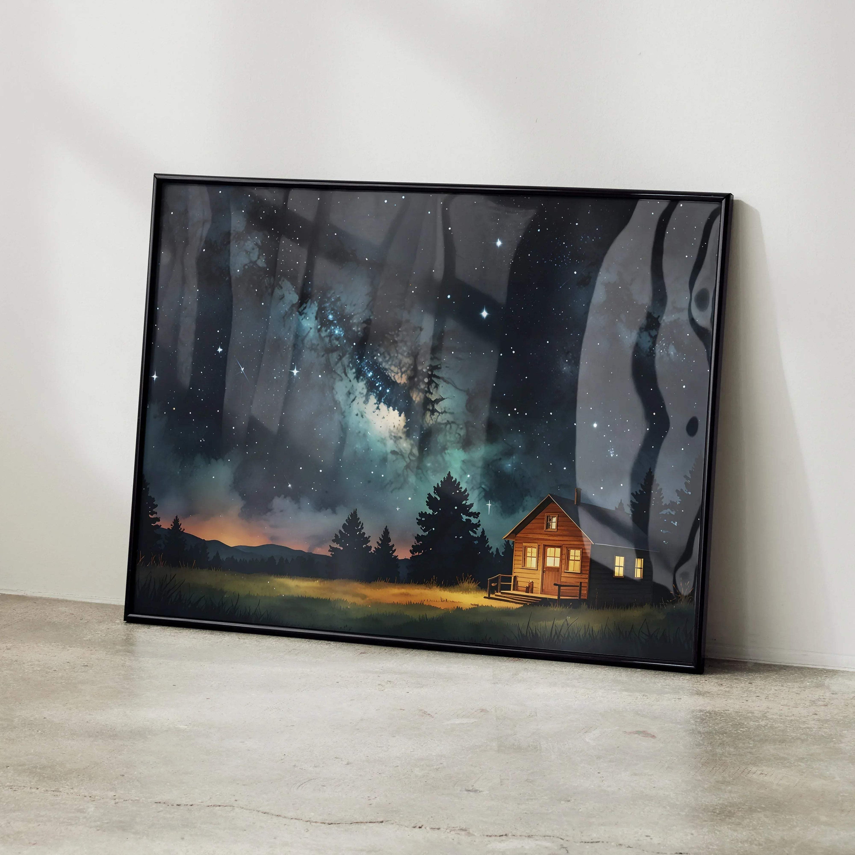 Watercolor night sky art poster with glowing cabin and starry forest landscape wall art.