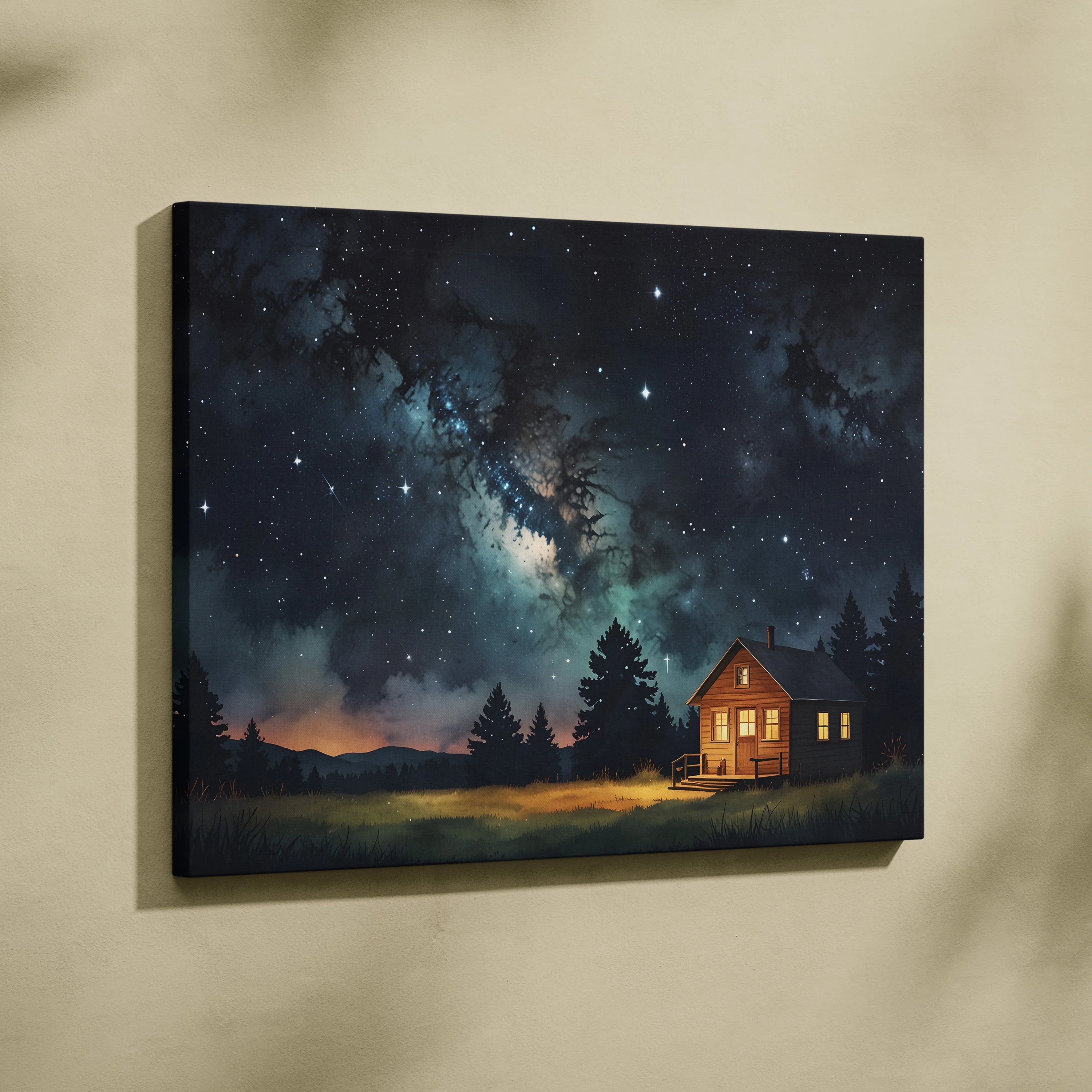 Night sky canvas wall art with twinkling stars over a lit cabin in the forest at night.