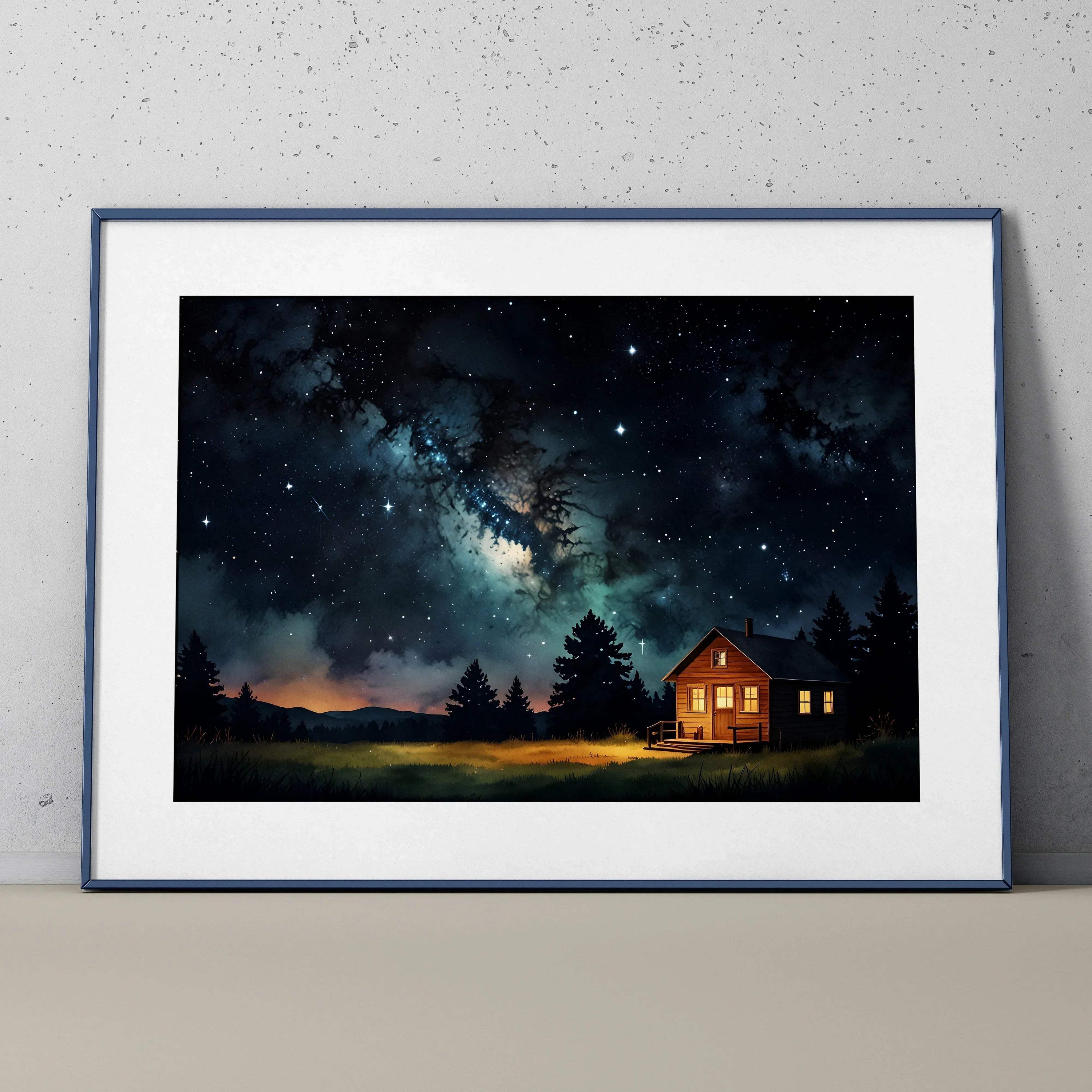Watercolor night sky poster with stars and glowing cabin wall art in dark forest scene.