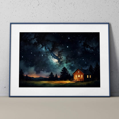 Watercolor night sky poster with stars and glowing cabin wall art in dark forest scene.