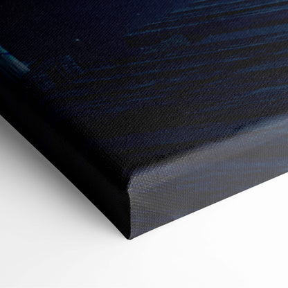 Dark blue canvas wall art print with textured brushstrokes and black frame for dreamy bedroom or meditation room decor