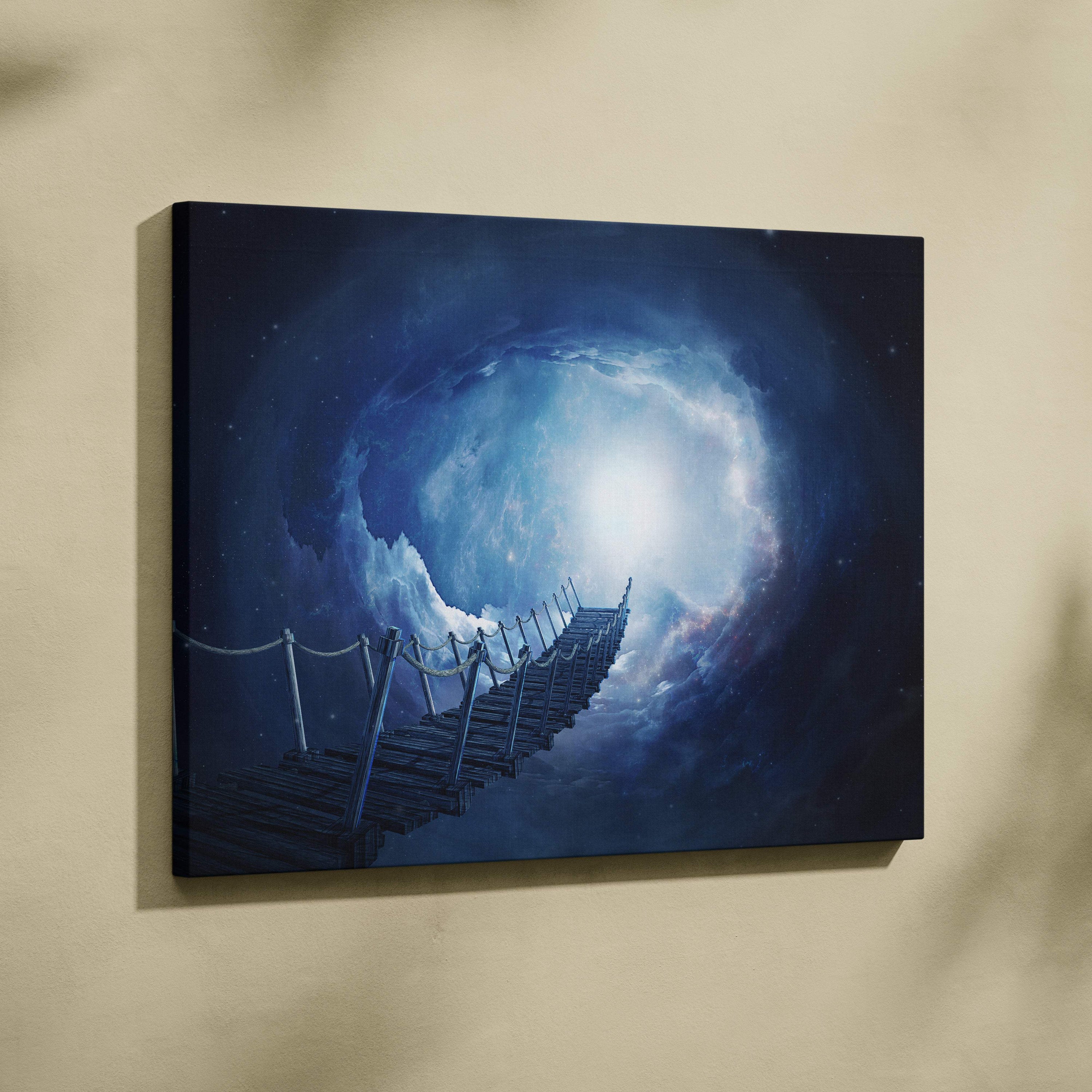 Blue cosmic bridge canvas wall art print of wooden staircase leading into a blue and white nebula for dreamy rooms