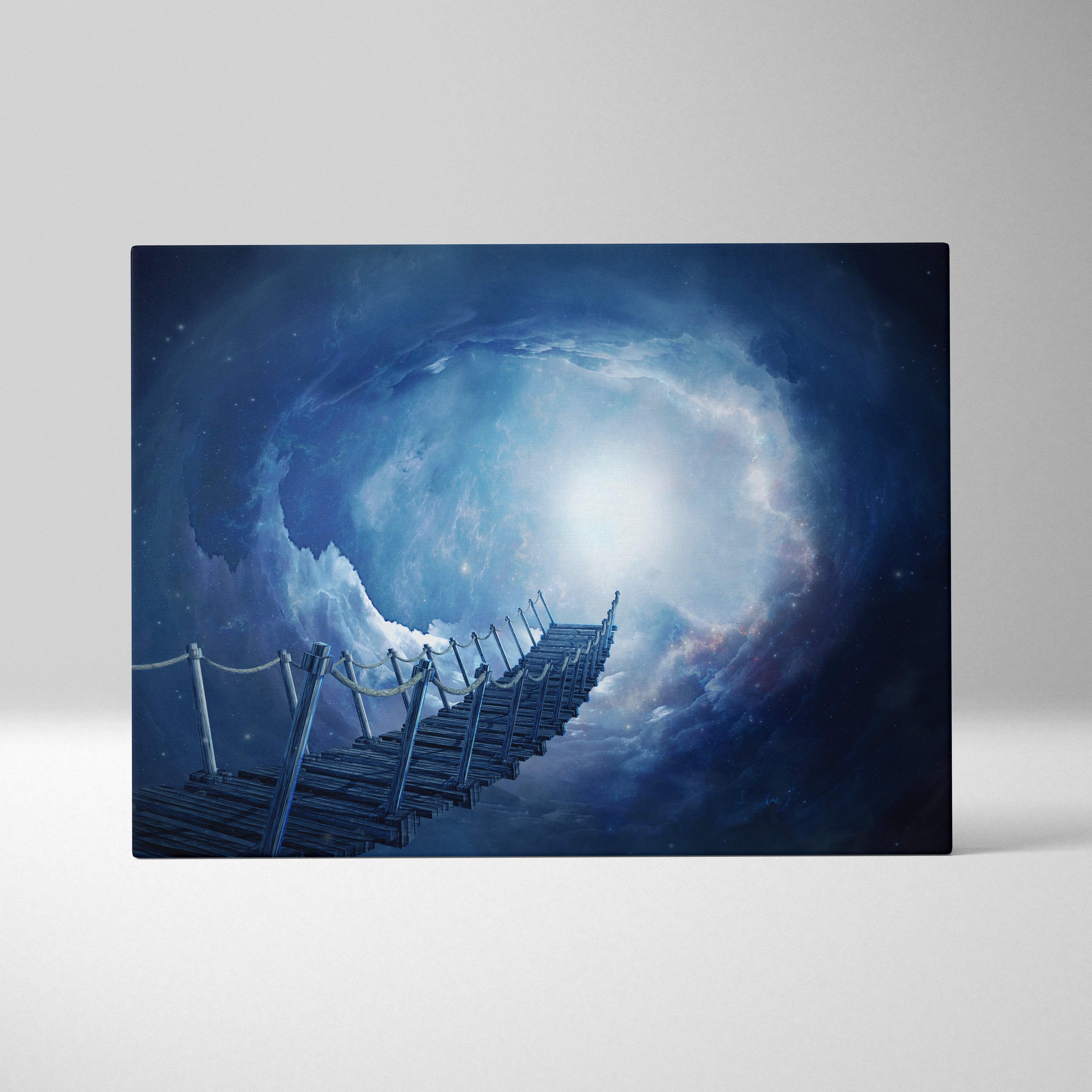Blue cosmic bridge canvas wall art print featuring a wooden bridge leading to a glowing galaxy portal on blue nebula background