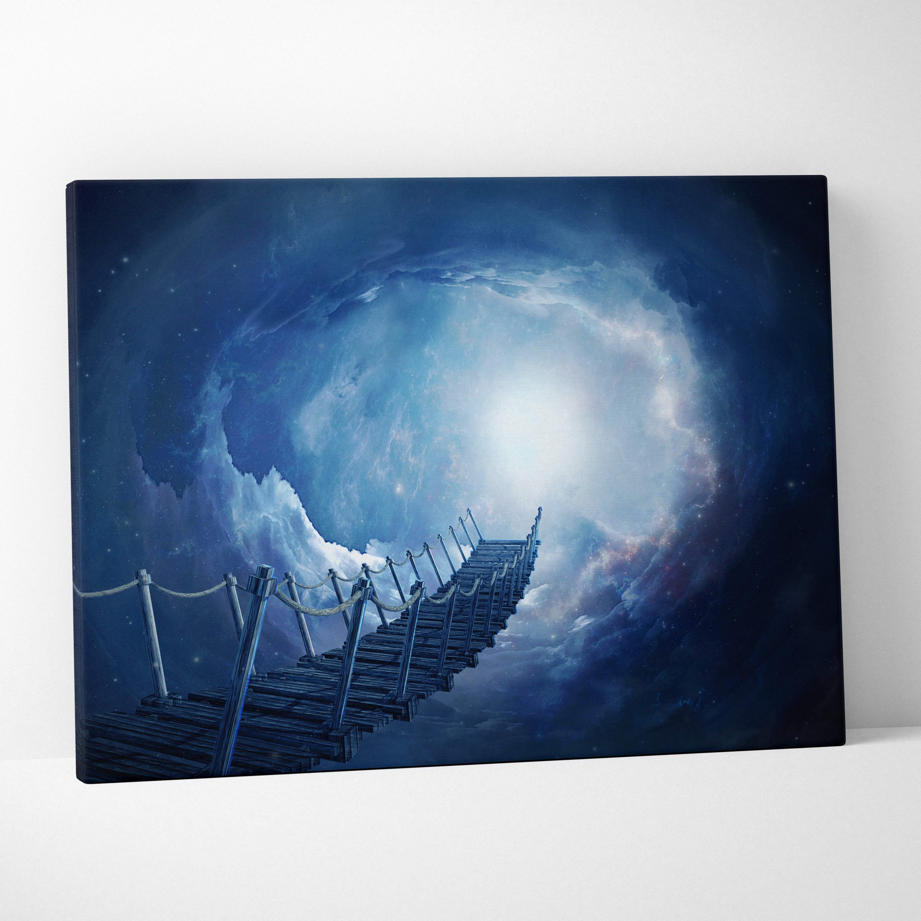 Blue cosmic bridge canvas wall art print showing a wooden bridge leading into a swirling cosmic vortex under stars