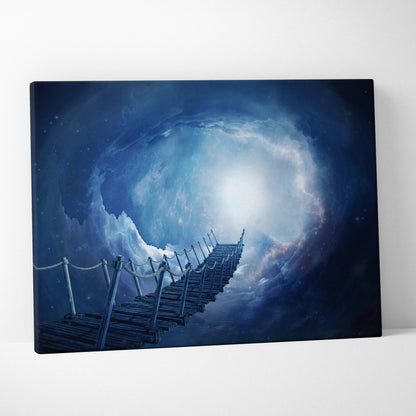 Blue cosmic bridge canvas wall art print showing a wooden bridge leading into a swirling cosmic vortex under stars