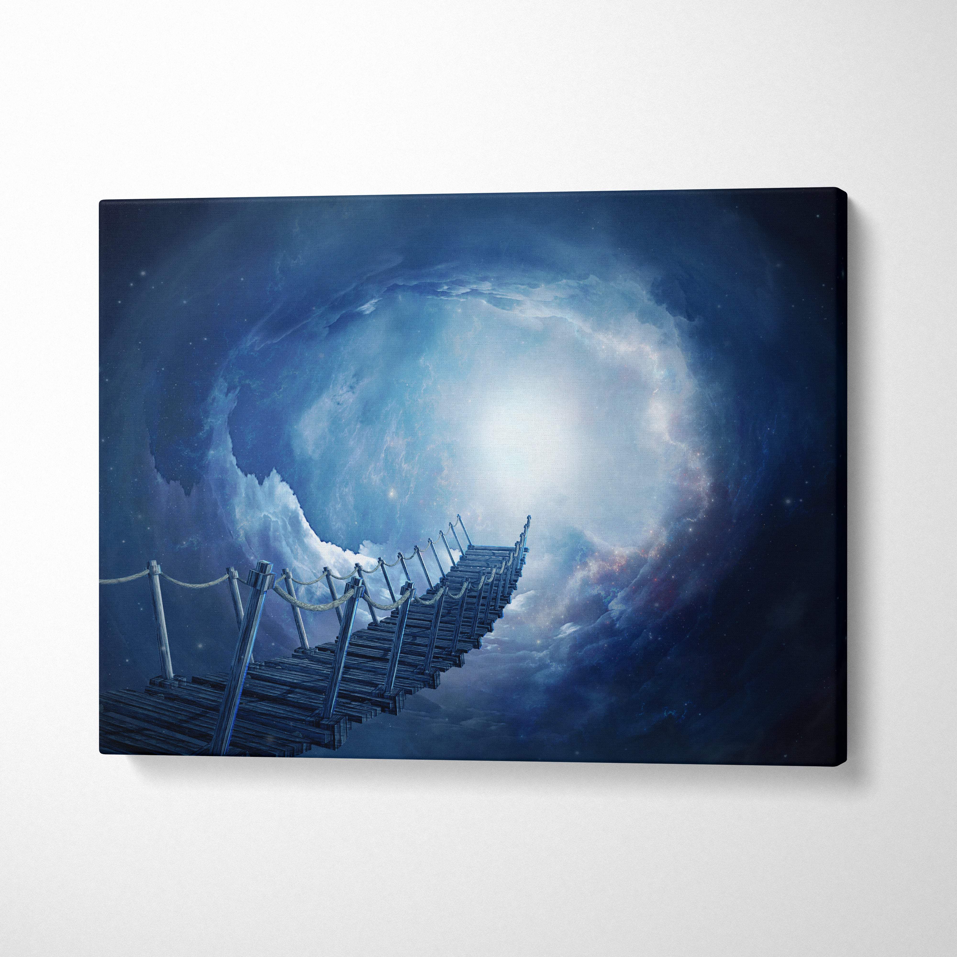 Blue cosmic bridge canvas wall art print featuring a wooden bridge leading to a glowing cosmic vortex in blue tones