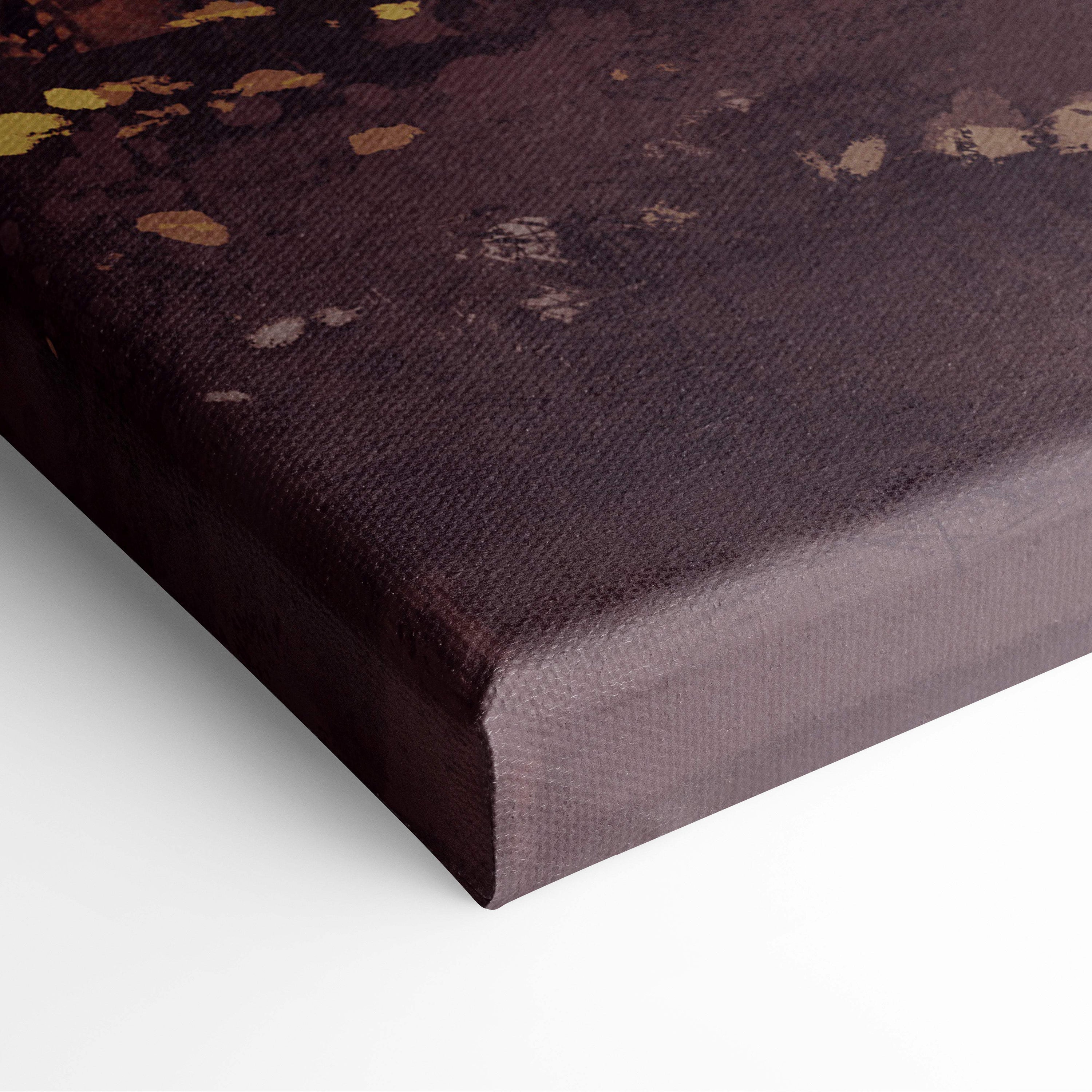 Dark brown canvas print with textured surface and gold leaf accents featuring surreal giant moon landscape art