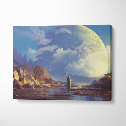 Surreal giant moon landscape rectangular canvas print featuring a lone figure under a glowing yellow moon in blue and gold tones