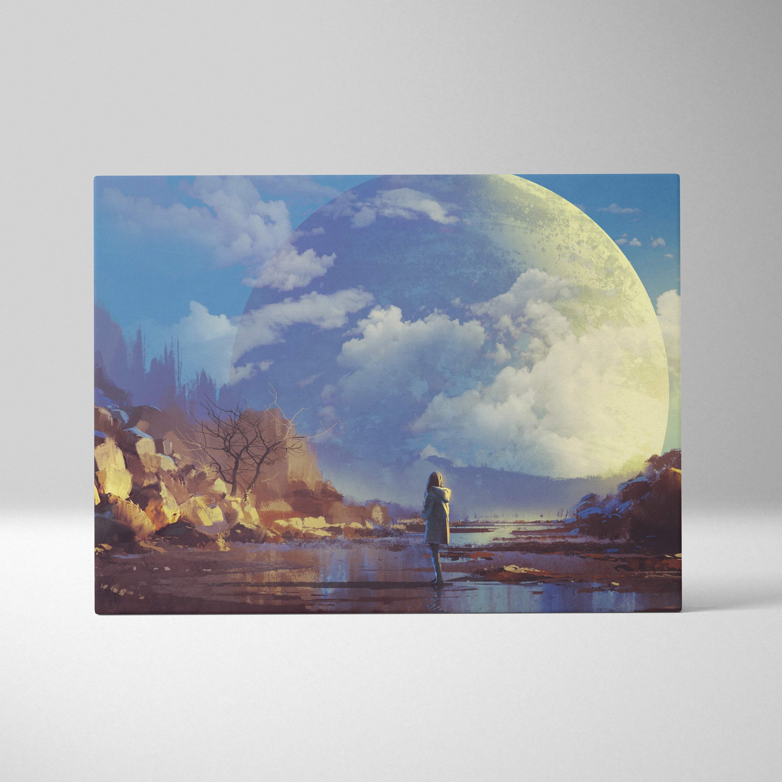 Rectangular canvas print of a surreal giant yellow moon over a lone figure in blue and gold shallow water landscape