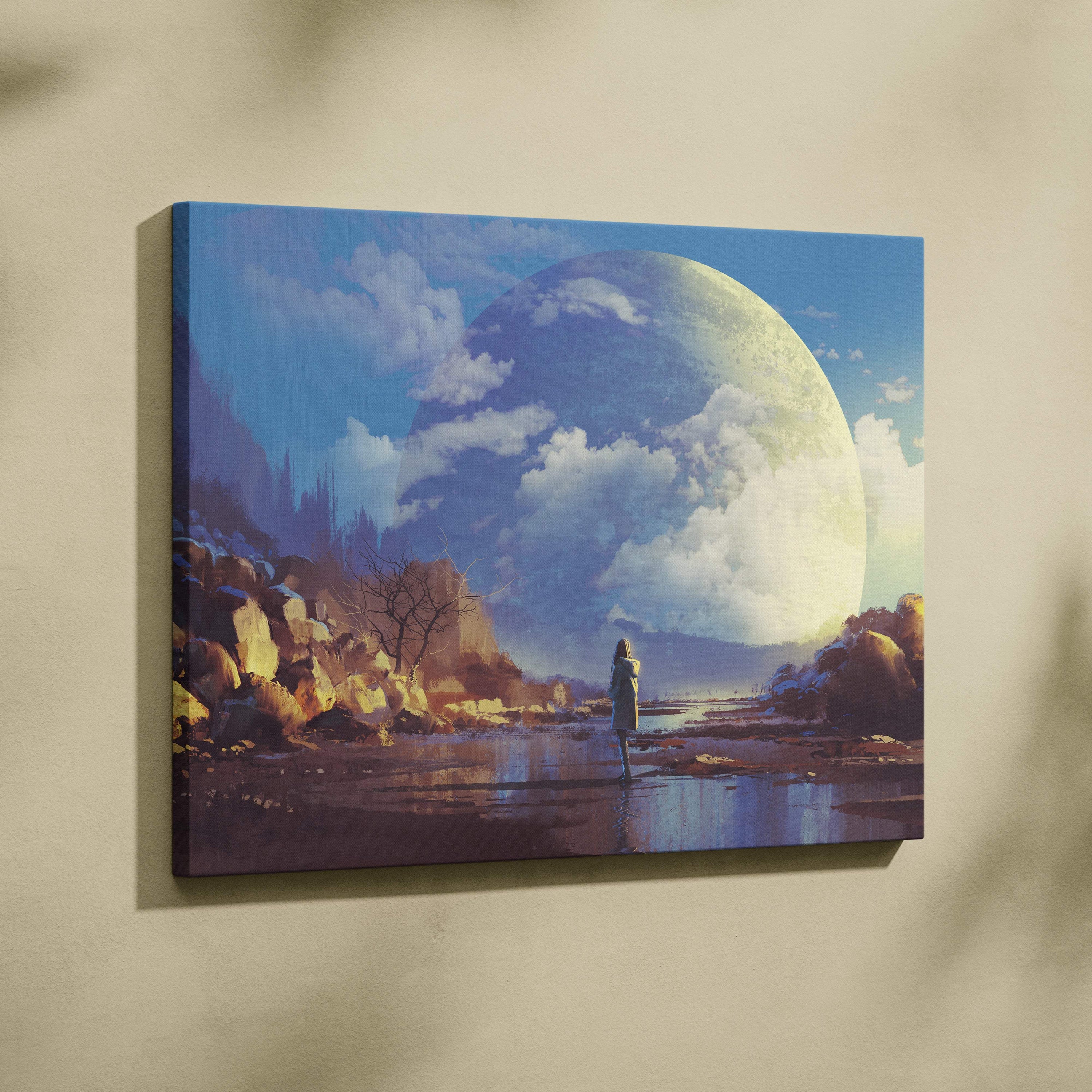 Rectangular canvas print of surreal giant moon landscape with blue and gold sky and lone figure reflection in water