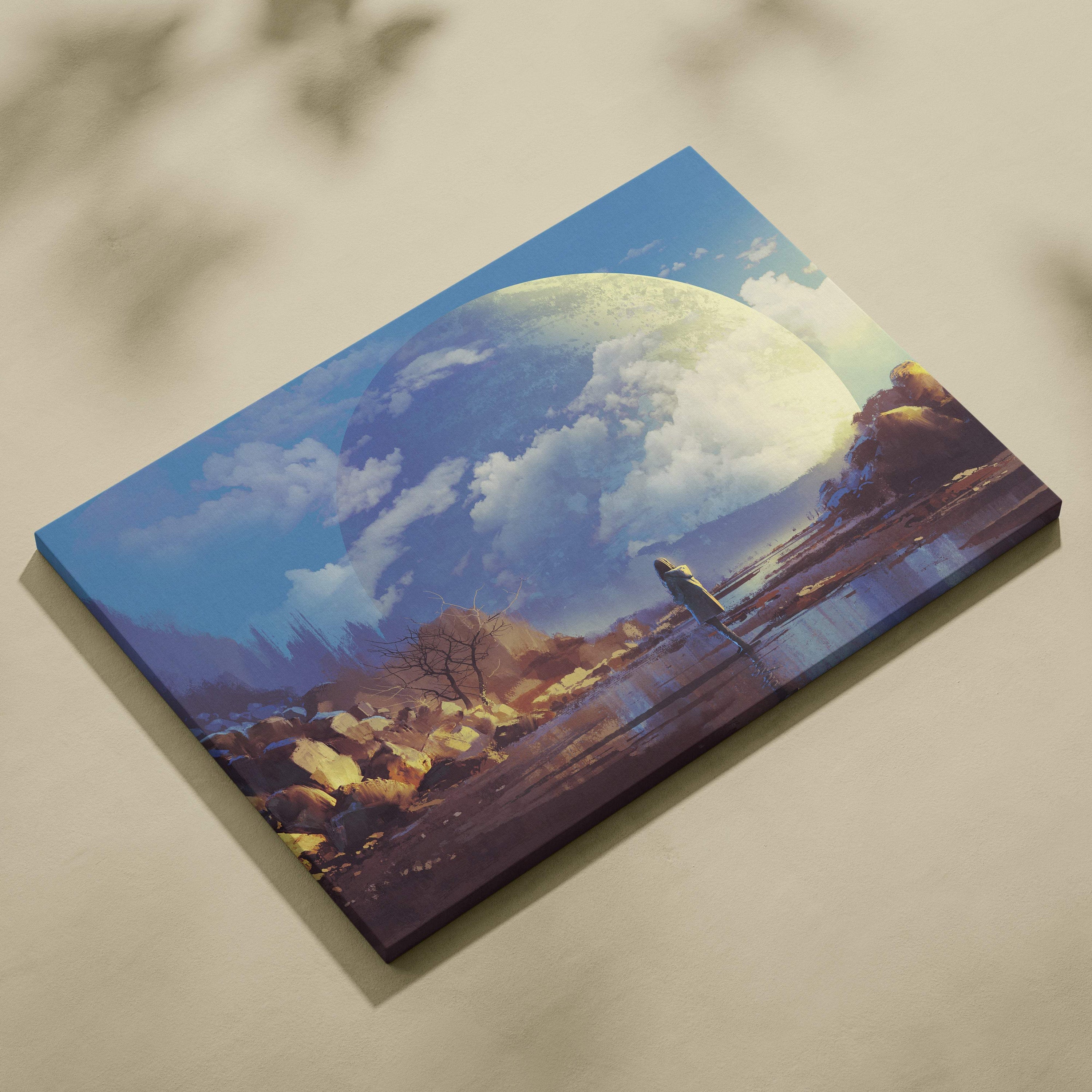 A rectangular canvas print of a surreal landscape with a large luminous moon over rocky terrain and water in blue and gold tones