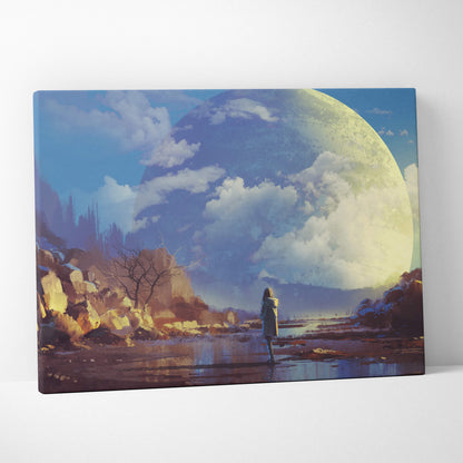 Rectangular surreal giant moon landscape canvas print with blue and gold tones featuring a lone figure reflection