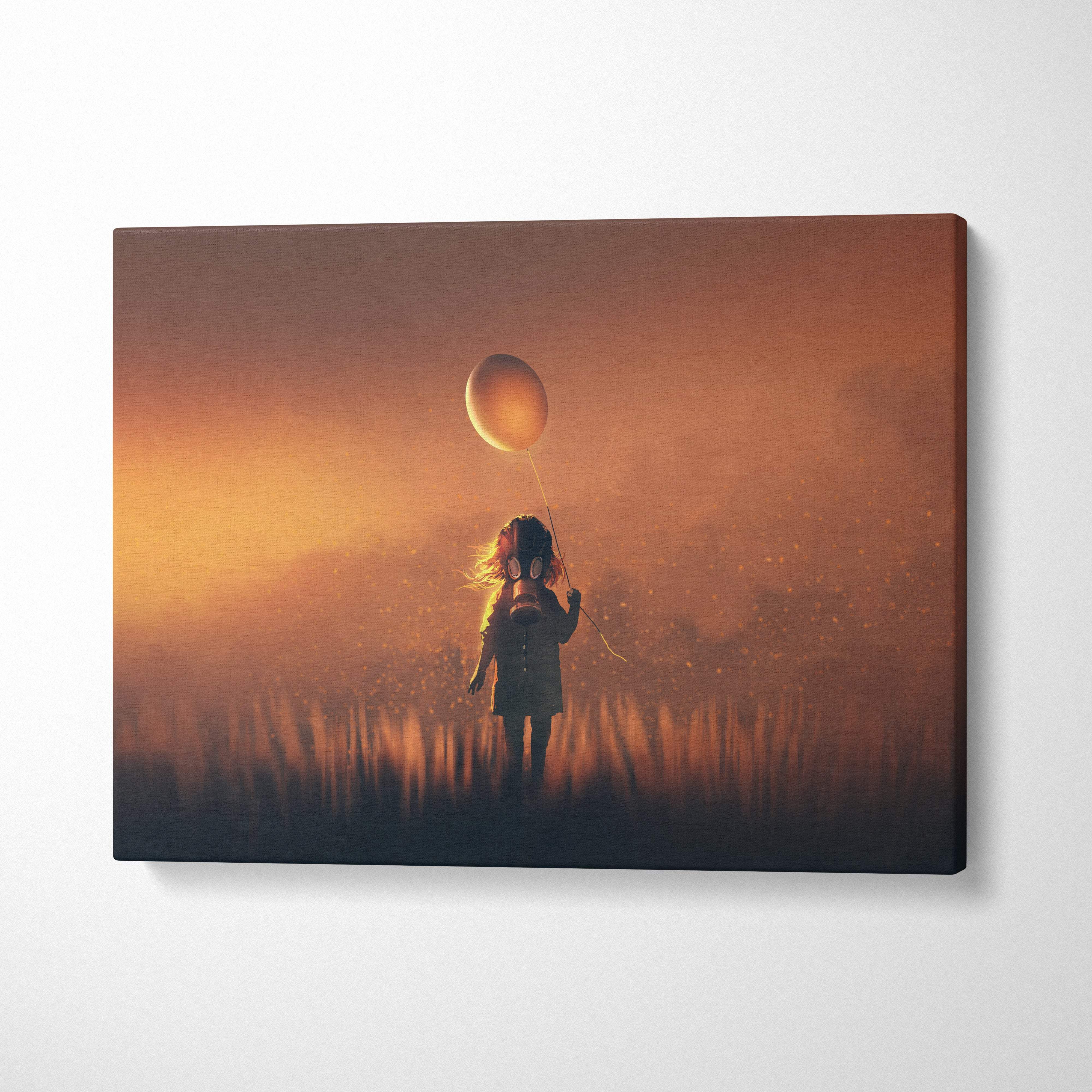 Canvas print of a child in a gas mask holding an orange balloon against a moody golden fog sunset backdrop