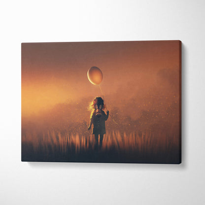 Canvas print of a child in a gas mask holding an orange balloon against a moody golden fog sunset backdrop