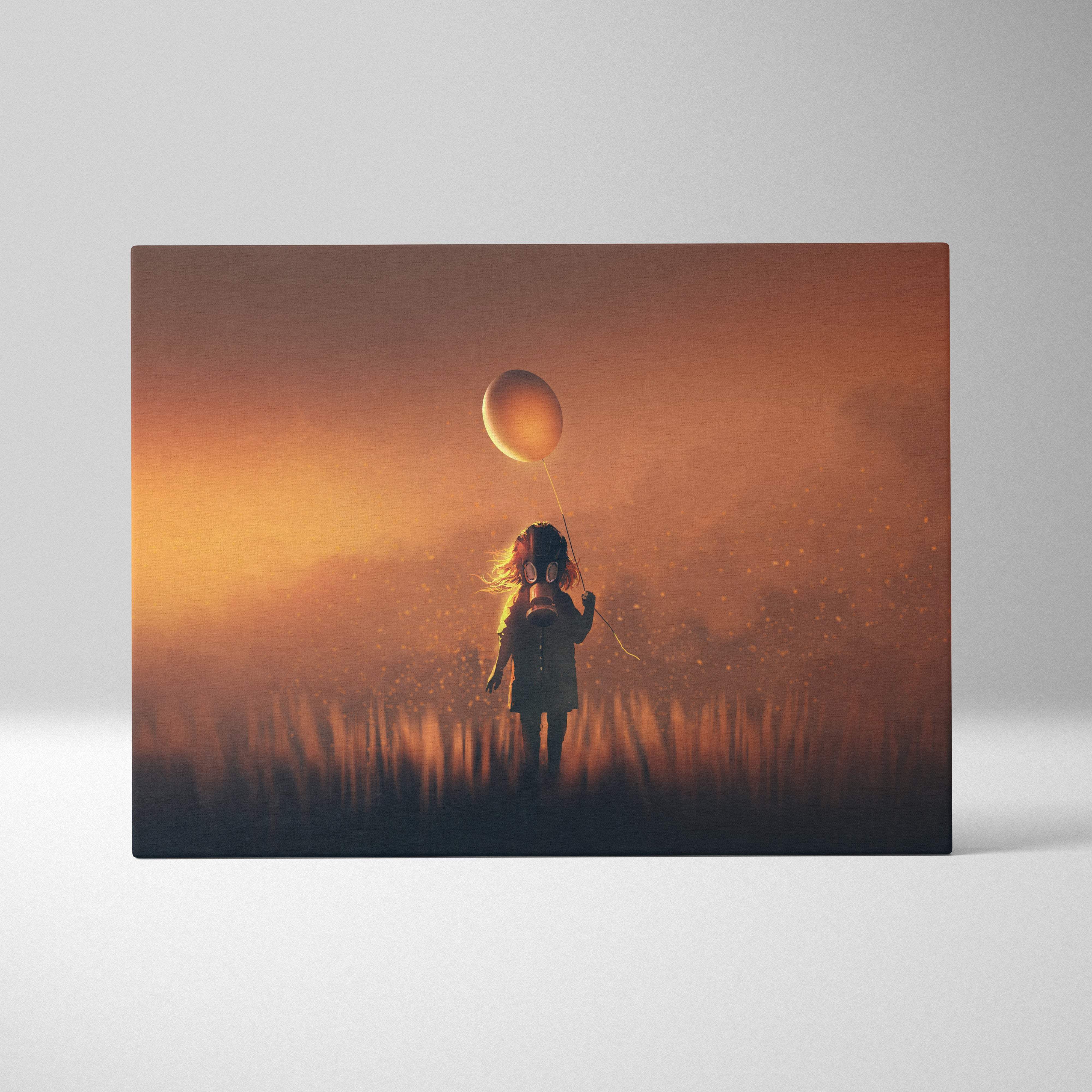 A rectangular canvas print of a child silhouette wearing a gas mask holding an orange balloon against a golden fog sunset