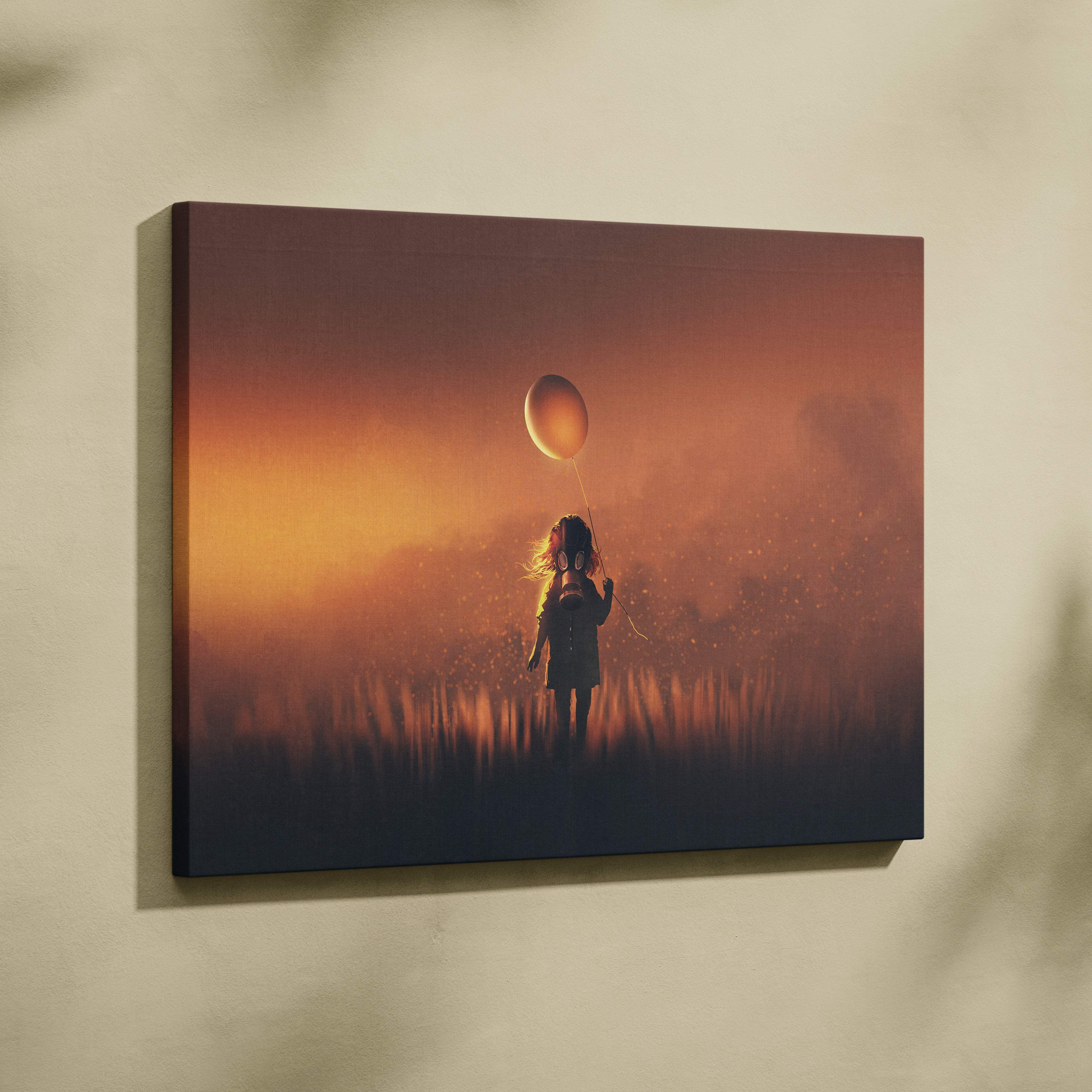 Rectangular canvas print of a child holding a balloon silhouette against a warm orange sunset in moody golden fog tones