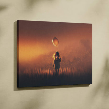 Rectangular canvas print of a child holding a balloon silhouette against a warm orange sunset in moody golden fog tones