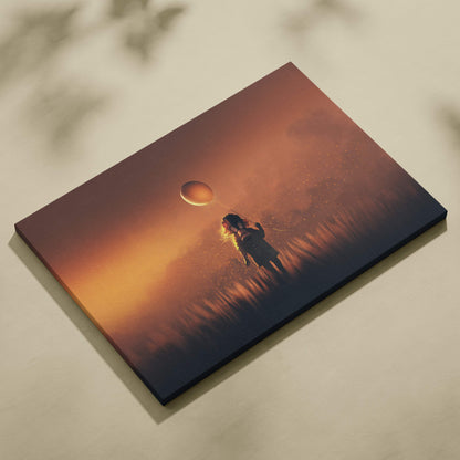 Rectangular canvas wall art featuring a silhouette of a child with balloon against a moody golden fog sunset sky