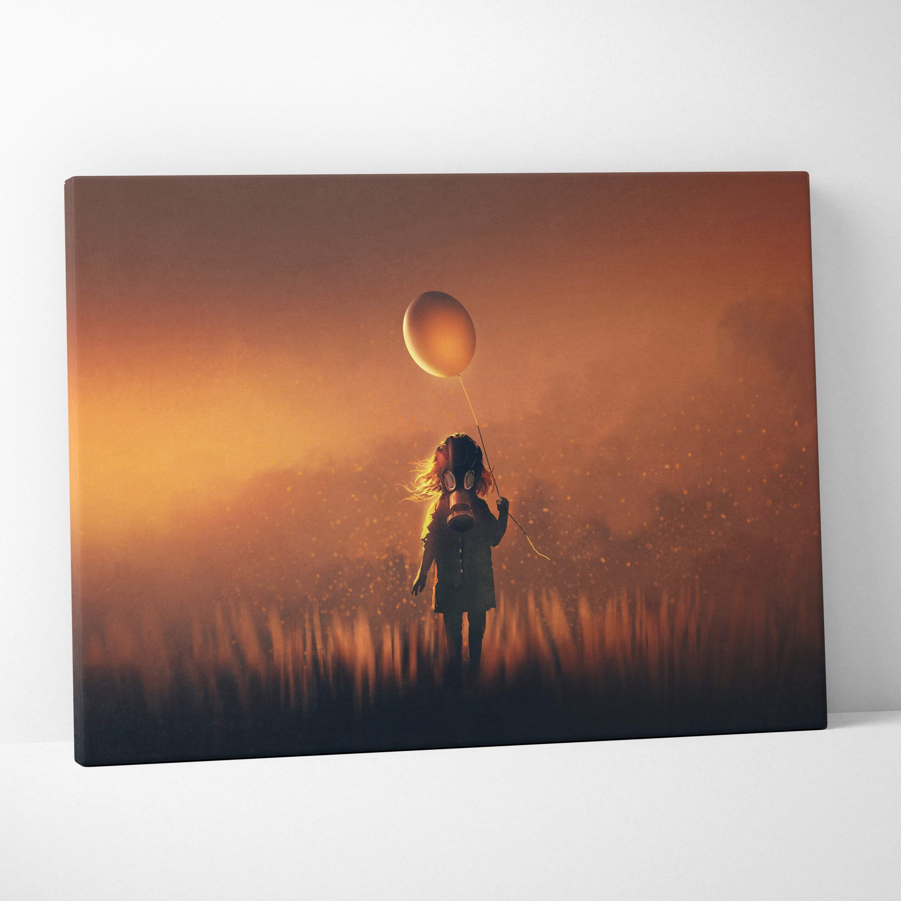 Canvas print of a child silhouette wearing a gas mask holding an orange balloon against a golden fog sunset background