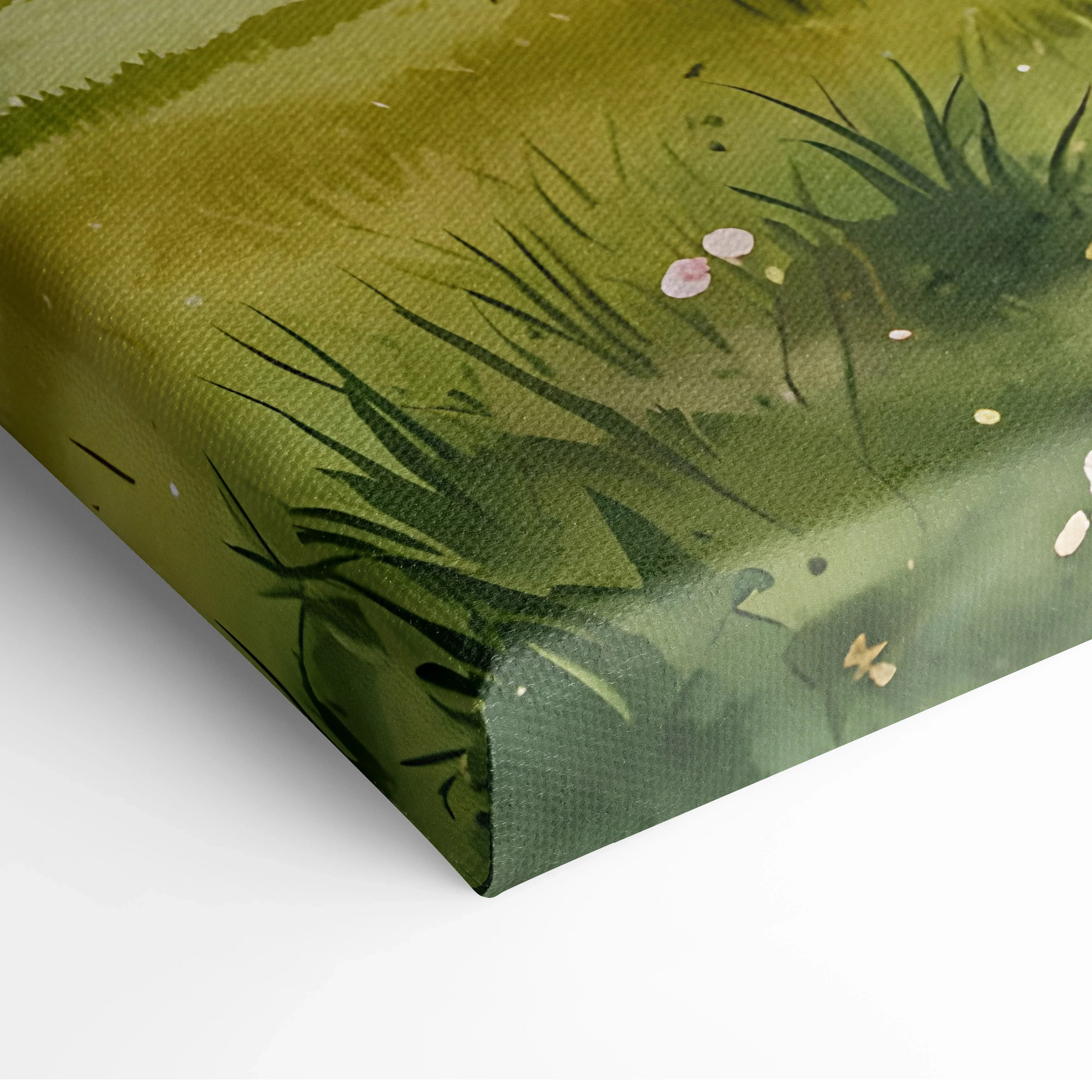 Canvas wall art featuring green watercolor foliage with delicate pink cherry blossom petals.