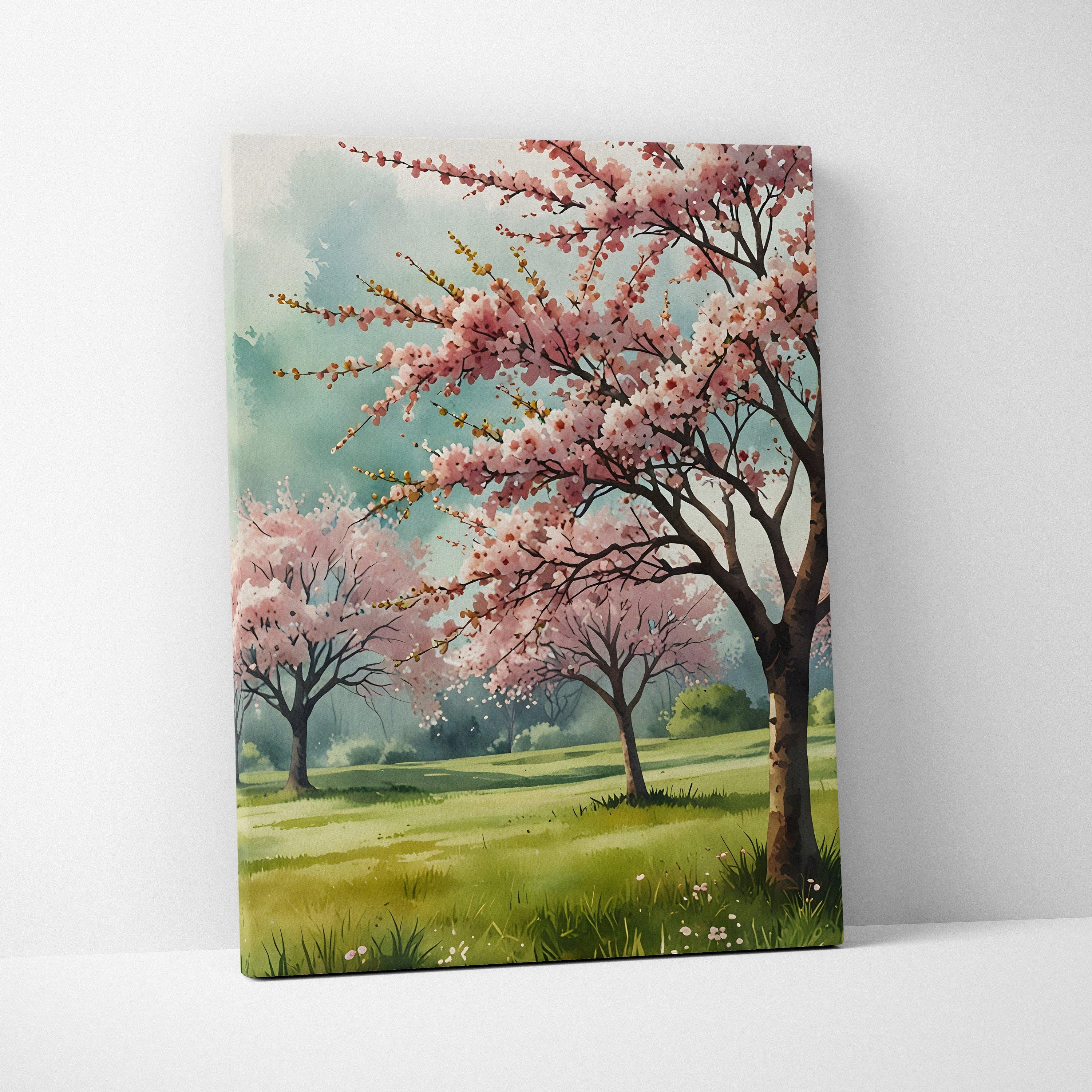 Cherry blossom watercolor canvas wall art with blooming pink trees against a soft green landscape.