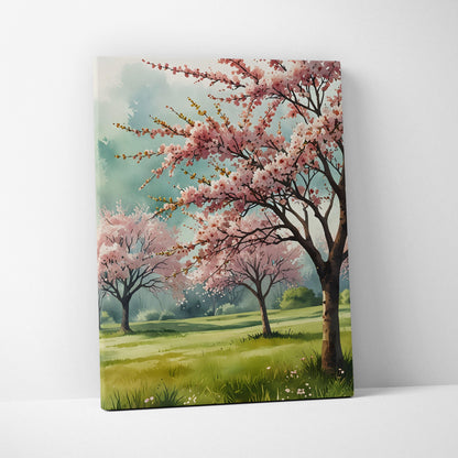 Cherry blossom watercolor canvas wall art with blooming pink trees against a soft green landscape.