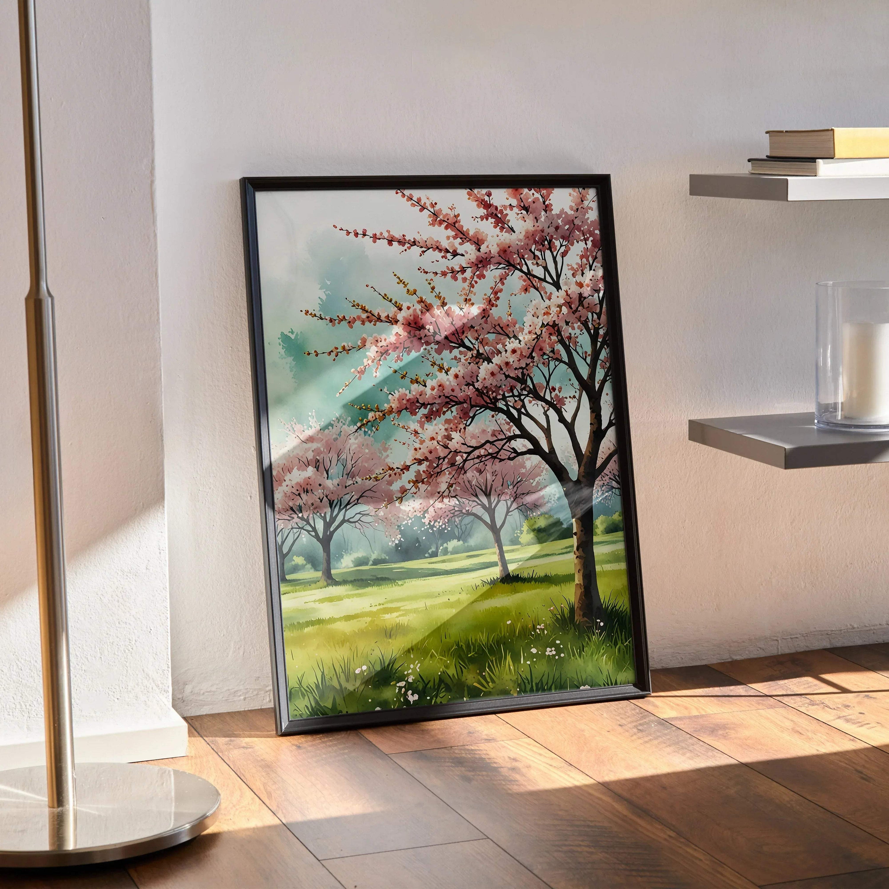 Vertical watercolor-style cherry blossom nature wall art poster with pink flowers and green landscape in black frame.