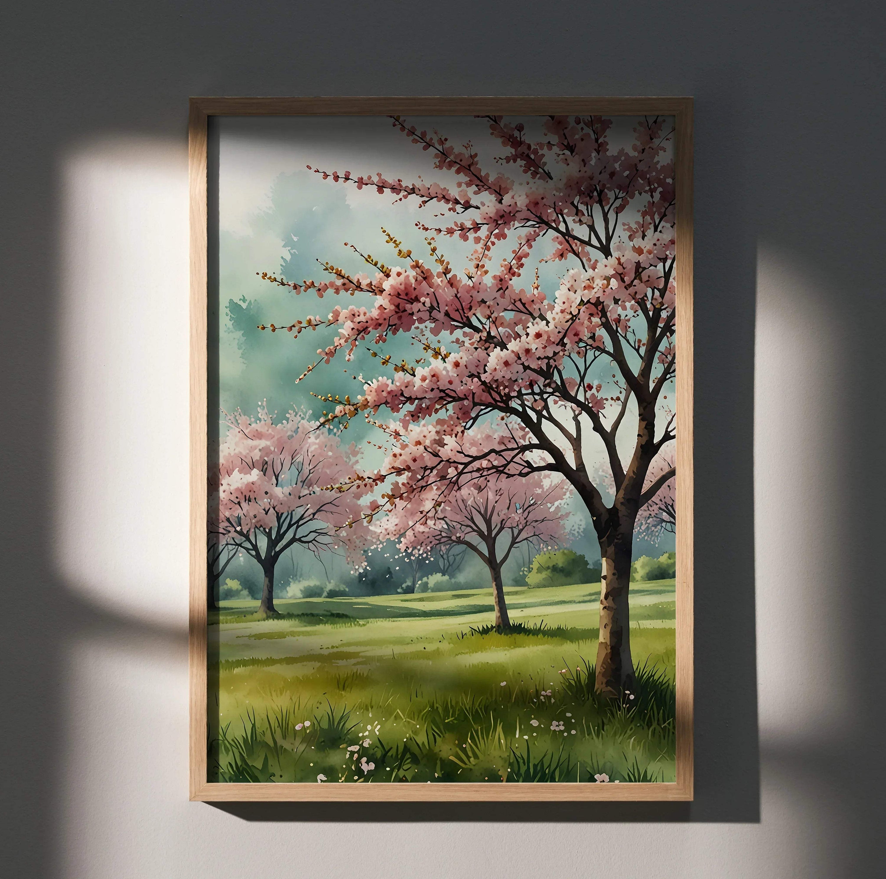 Watercolor cherry blossom trees in green field poster with soft blue sky wall art.