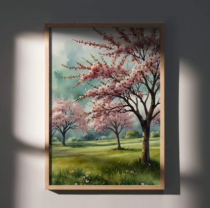Watercolor cherry blossom trees in green field poster with soft blue sky wall art.