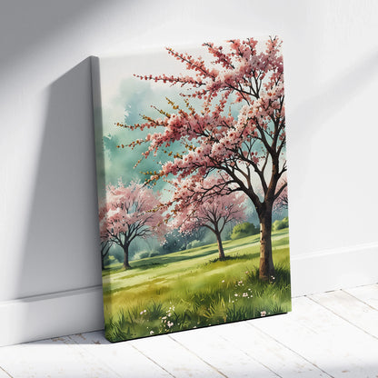 Vertical canvas wall art featuring watercolor cherry blossom trees in a green meadow under a soft blue sky.
