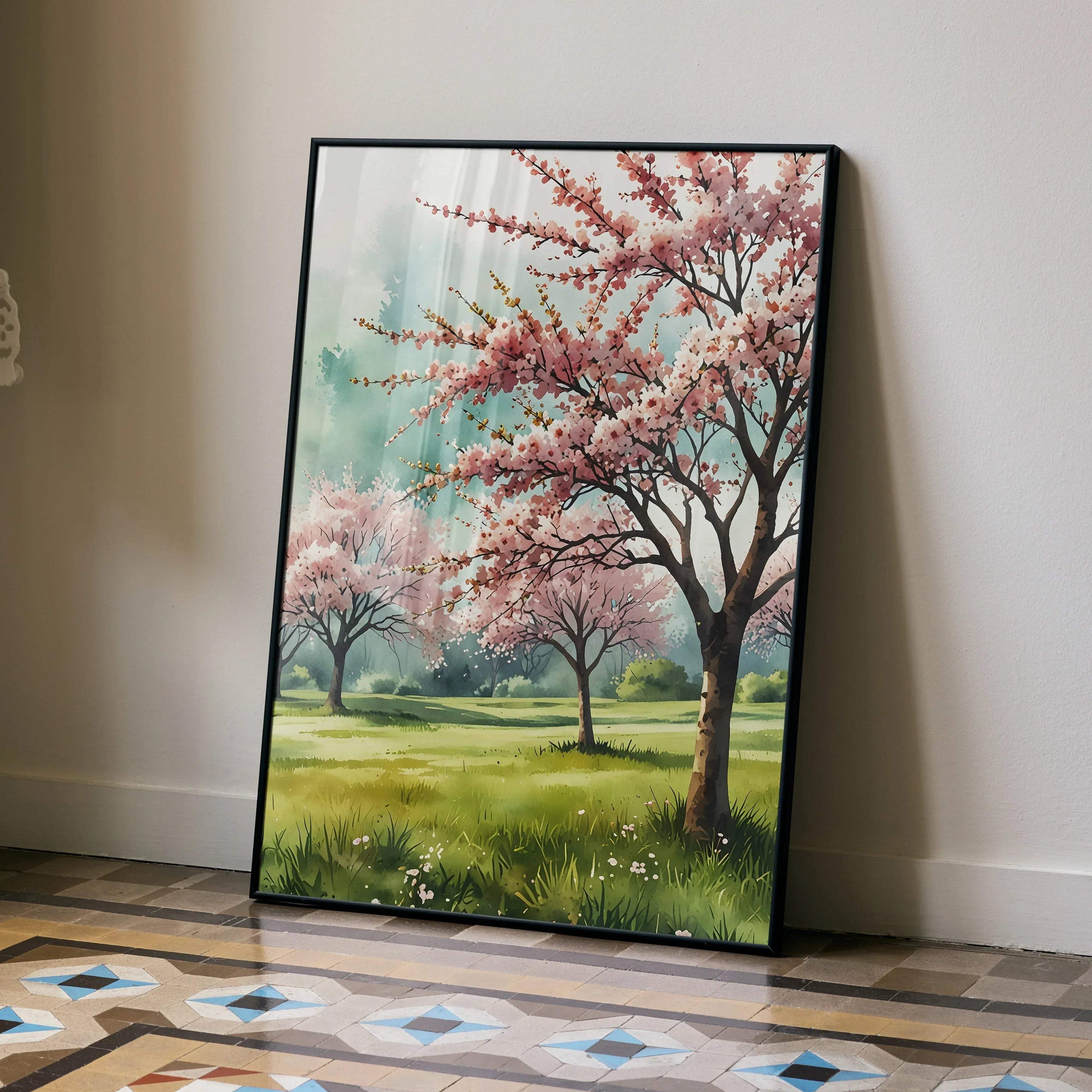 Watercolor style cherry blossom trees poster with pink blooms and green grass wall art in vertical format.