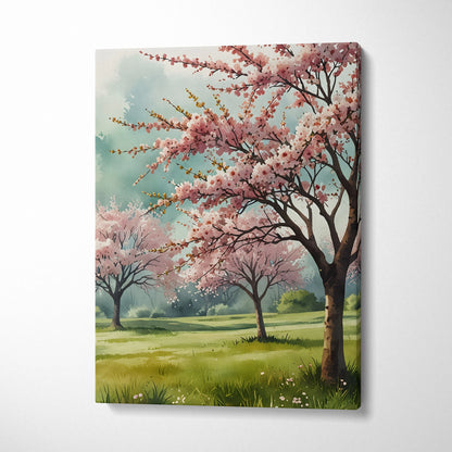 Vertical canvas wall art featuring delicate pink cherry blossom trees in a green meadow under a soft blue sky.