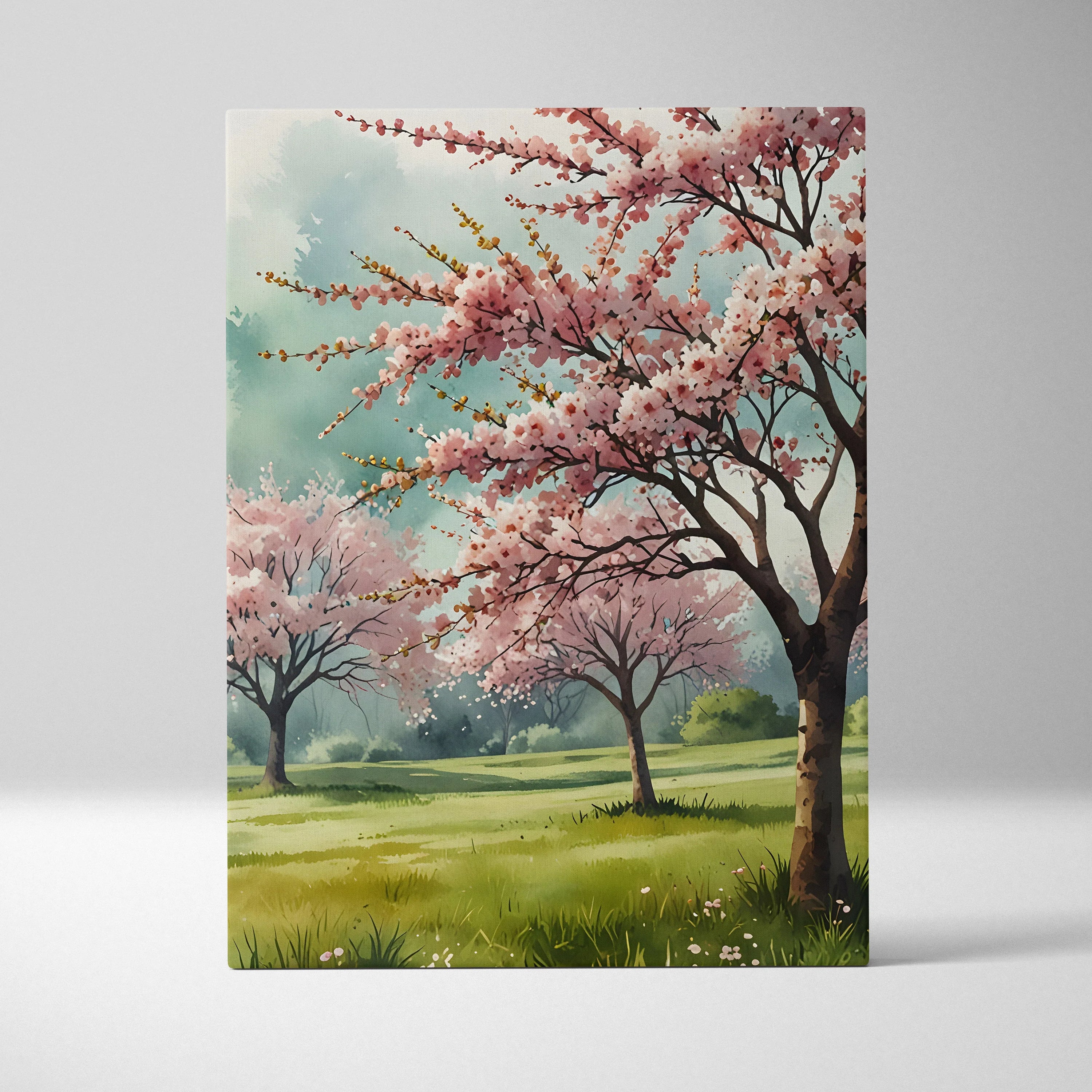 Vertical canvas wall art of cherry blossom trees in soft watercolor style against a serene blue sky.