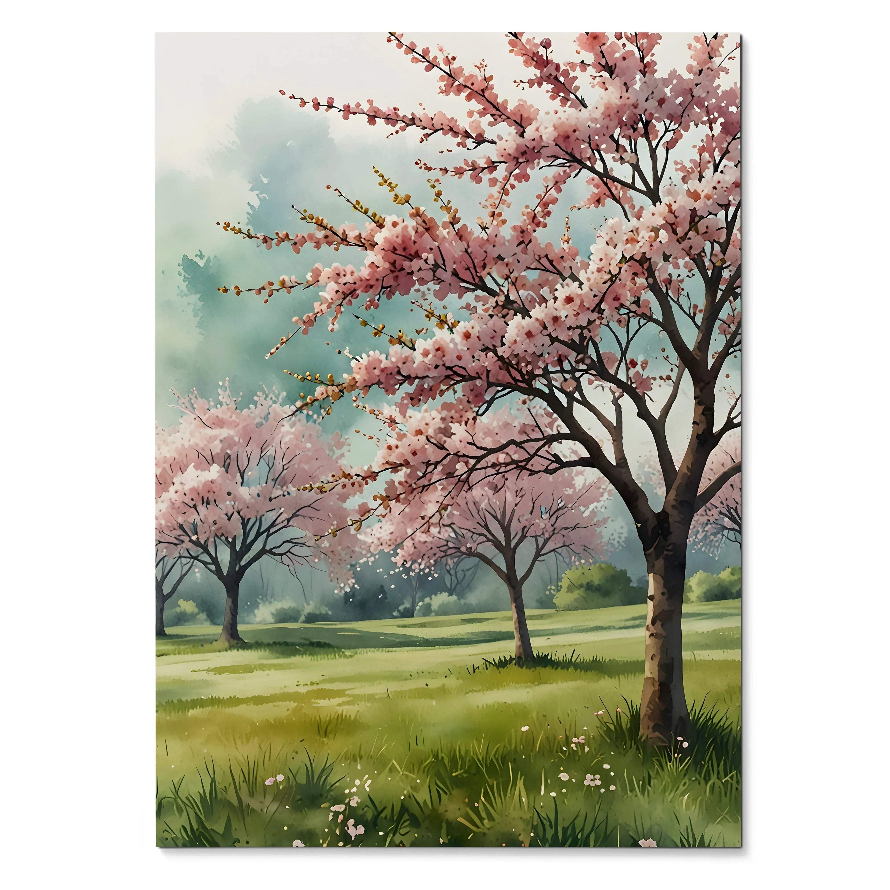 Vertical watercolor style cherry blossom wall art poster with pink trees and green meadow.