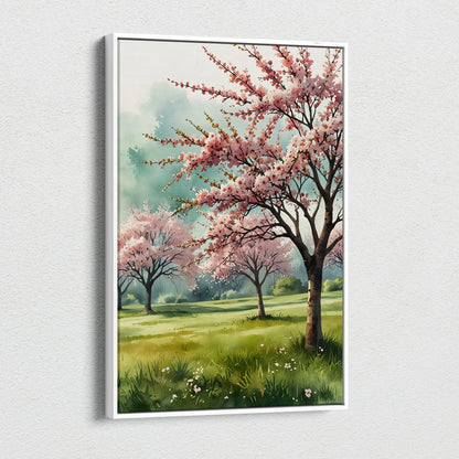 Cherry blossom watercolor canvas wall art featuring blooming pink trees over a green meadow.