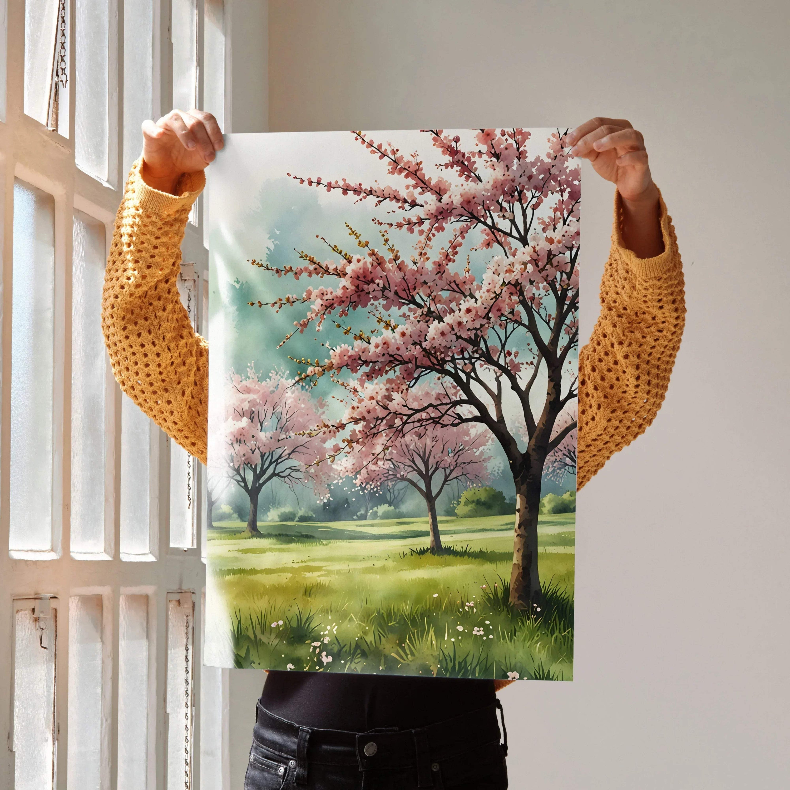 Vertical watercolor style cherry blossom tree poster with nature landscape wall art.