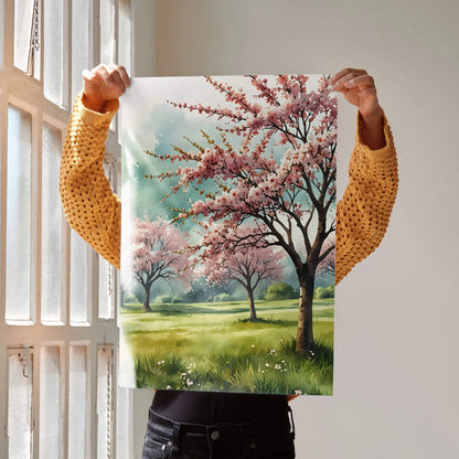 Vertical watercolor style cherry blossom tree poster with nature landscape wall art.