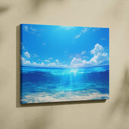 Anime ocean horizon canvas wall art print featuring blue ocean and sky with white clouds for coastal bedroom decor