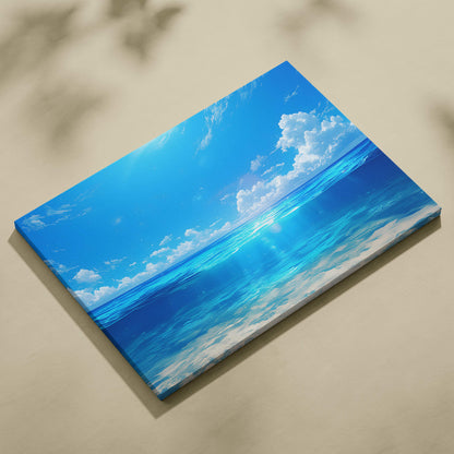 Anime ocean horizon canvas wall art print featuring blue ocean and sky with white clouds for coastal bedroom decor